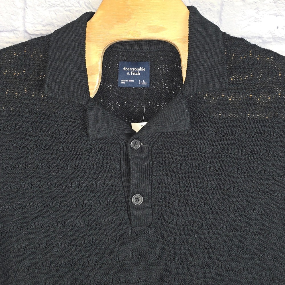 NWT Abercrombie & Fitch Men Polo Sweater Black Crochet Open Stitch Size Large